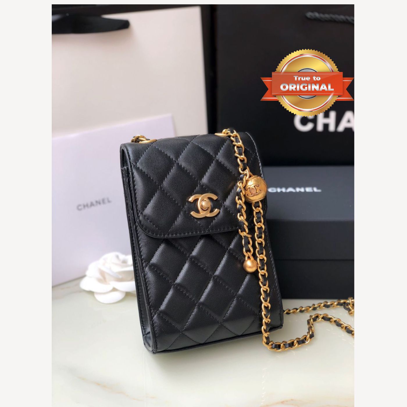 [True-to-ORIGINAL] Chanel Quilted Phone Holder Bag Black For Women 17cm/6.6in